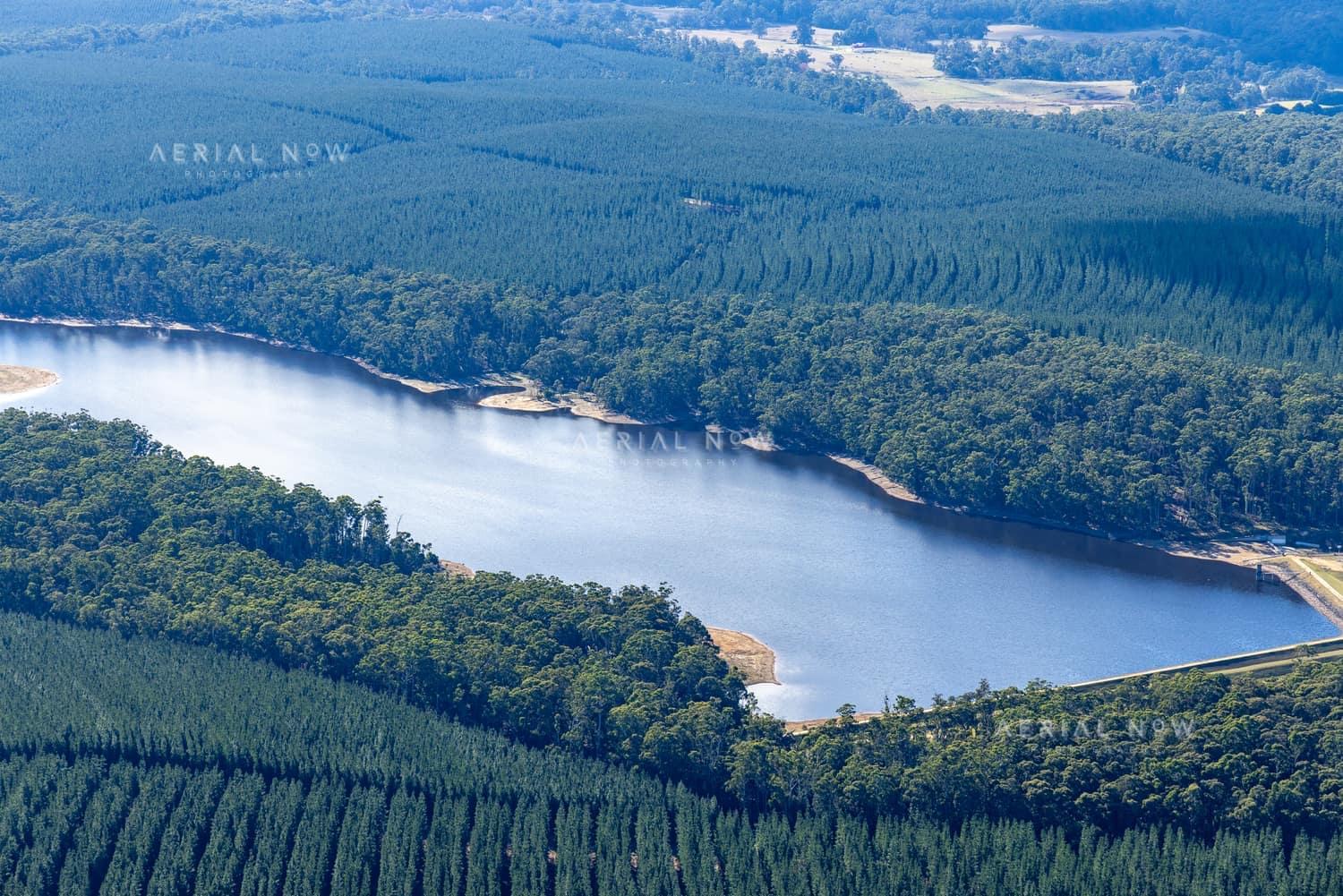 Aerial view of Bostock Reservoir at Spargo Creek, showing the water storage surrounded by dense forest, plantation rows and a visible dam wall.
