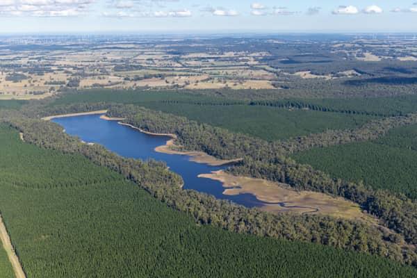 Aerial view of Bostock Reservoir at Spargo Creek, with blue water, exposed shoreline, surrounding native forest and plantation country.