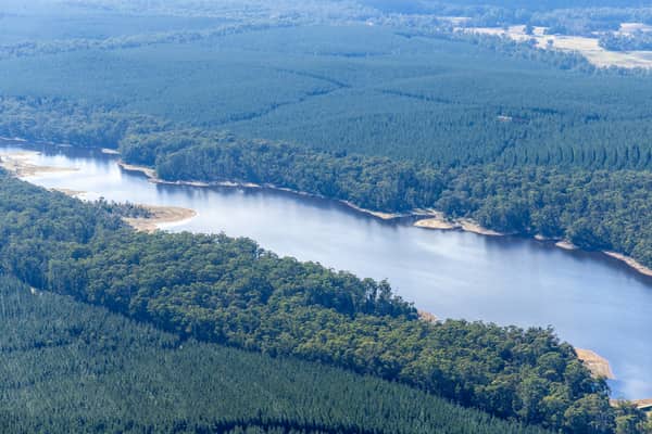 Aerial view of Bostock Reservoir at Bolwarrah, Victoria, showing a narrow forested inlet, reservoir shoreline and surrounding plantation forestry.