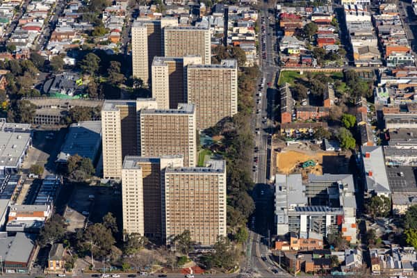Aerial view of the Langdon Park public housing towers in Richmond, with Elizabeth Street, surrounding streets and a construction site at 106 Elizabeth Street visible nearby.