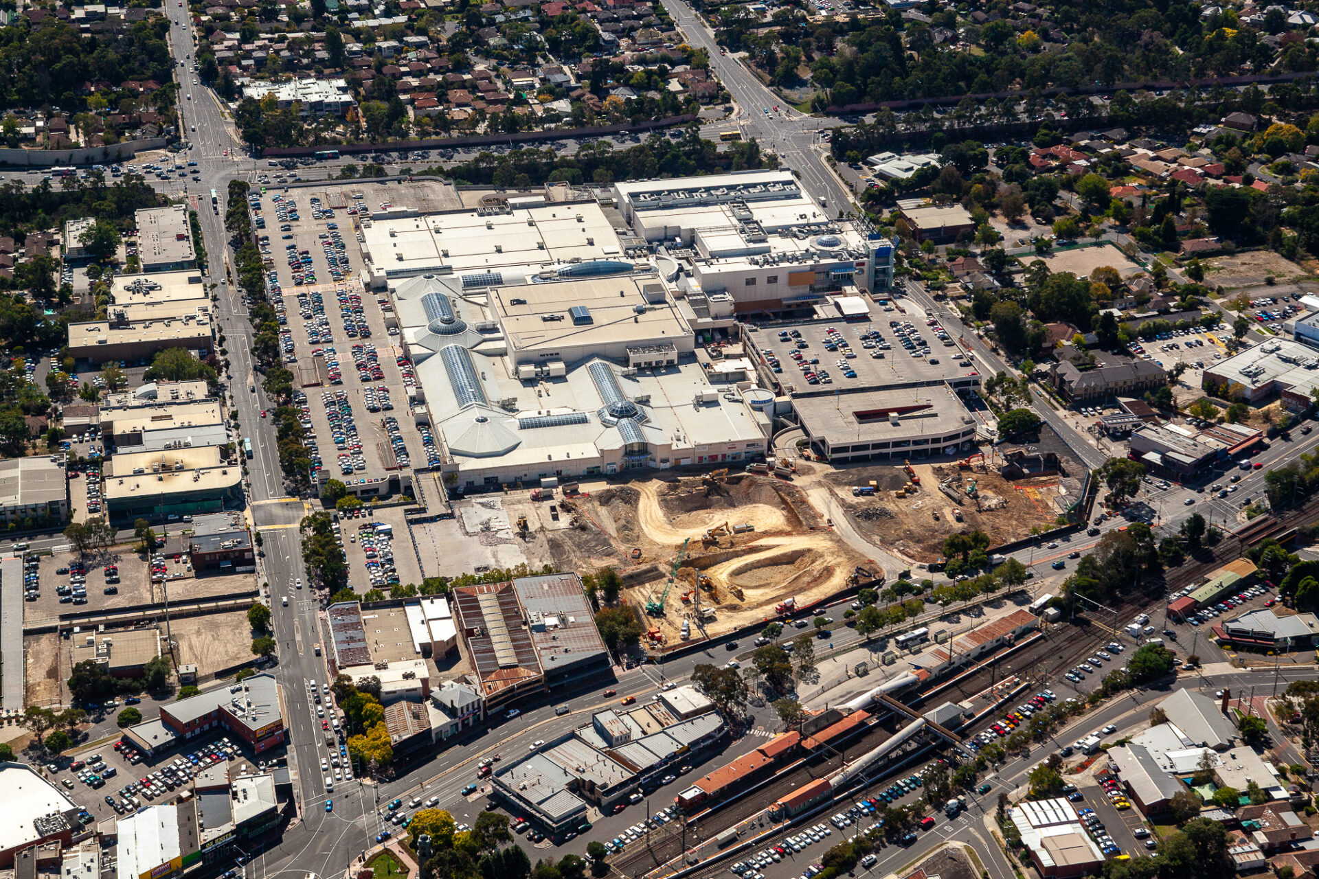 Aerial photography of Eastland Shopping Centre redevelopment construction progress, Ringwood Melbourne