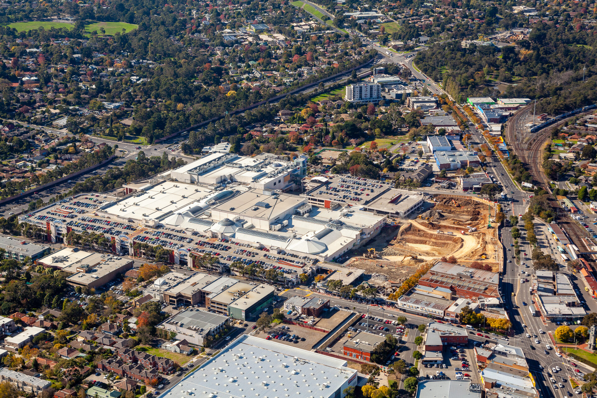 Aerial photography of Eastland Shopping Centre construction site Ringwood Melbourne, progress documentation by Aerial Now