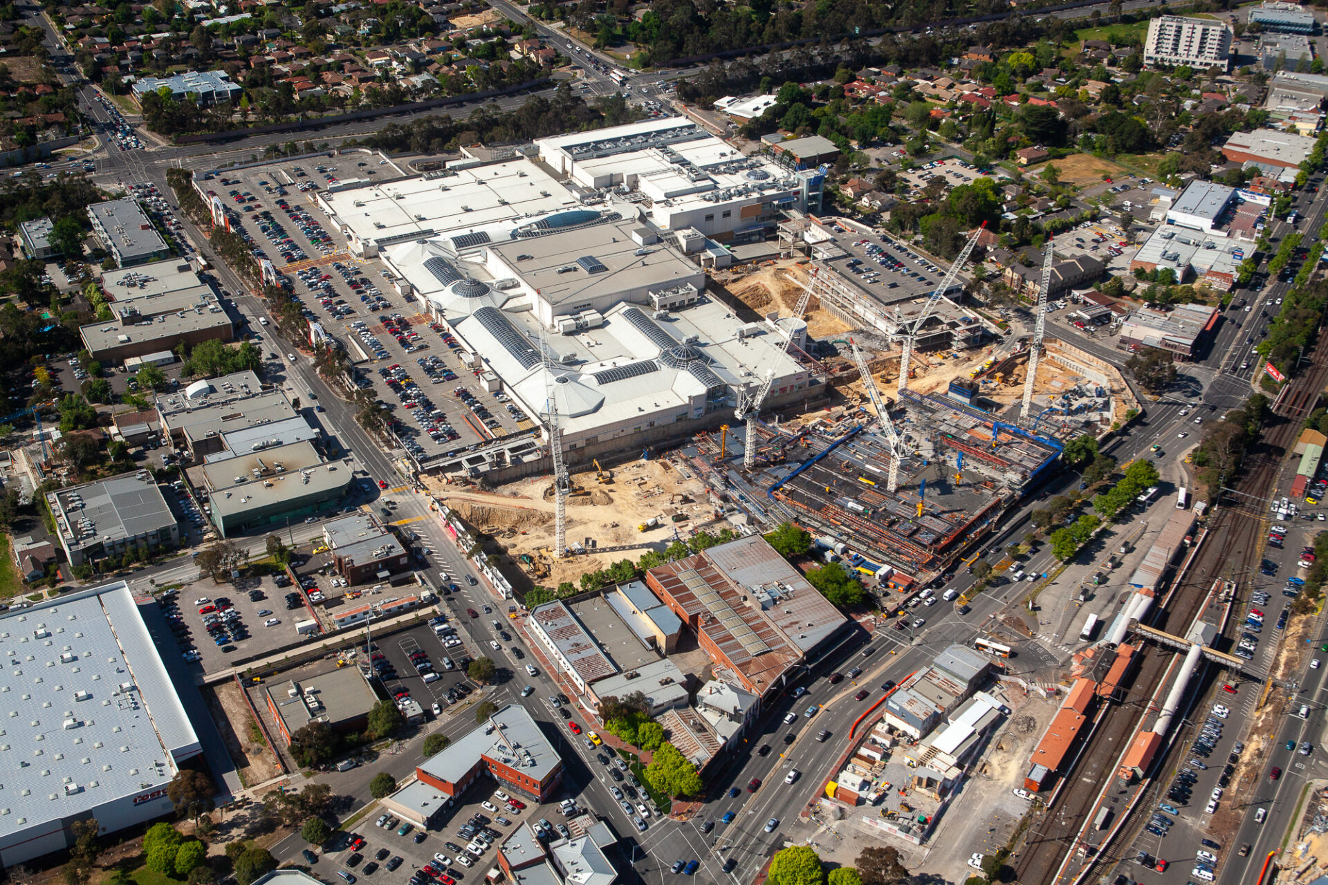 Aerial photography of Eastland Shopping Centre construction progress tracking, Ringwood Melbourne VIC