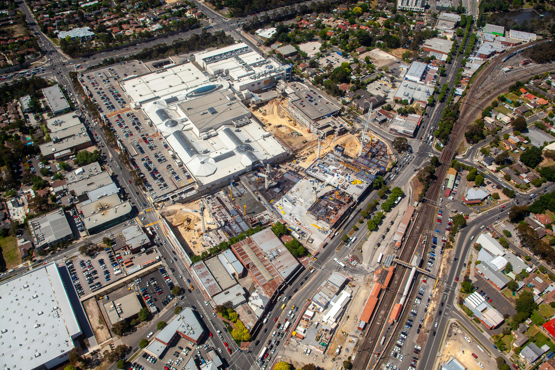 Aerial view of Eastland Shopping Centre Ringwood near completion, construction progress documentation Melbourne